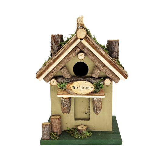 Tree Trunk Cottage With Welcome Sign Bird House