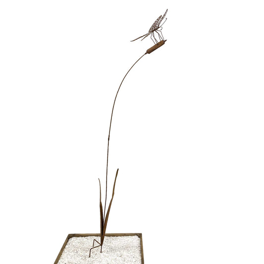 Rustic Dragonfly Landing On A Bullrush Garden Stake