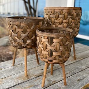 Set Of 3 Brown Woven Slat Pattern Basket Shaped Plant Stand