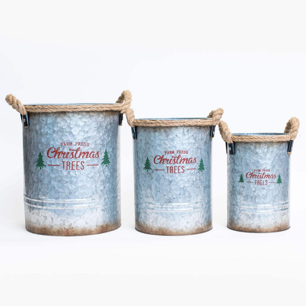 Set Of 3 Antiqued Silver With Farm Fresh Christmas Trees Text Bucket