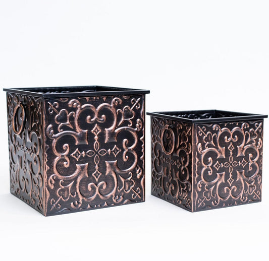 Set Of 2 Antiqued Copper Look Patterned Square Planters