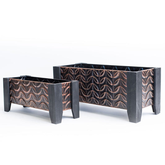 Set Of 2 Antiqued Copper Look Pattern On Metal Legs Planters