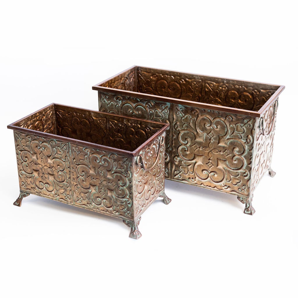 Set Of 2 Bronze Color Footed Rectangular Metal Planters