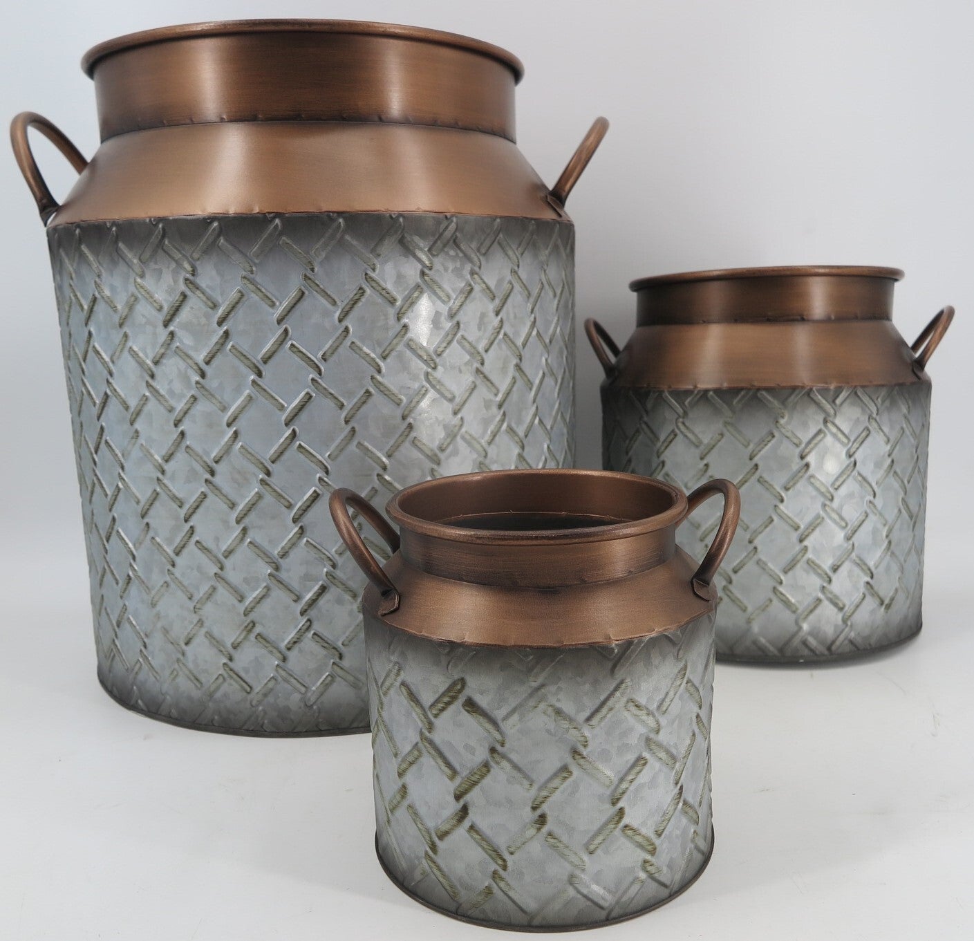 Set Of 3 Jug Shape With Copper Colored Trim And Handles Metal Planters