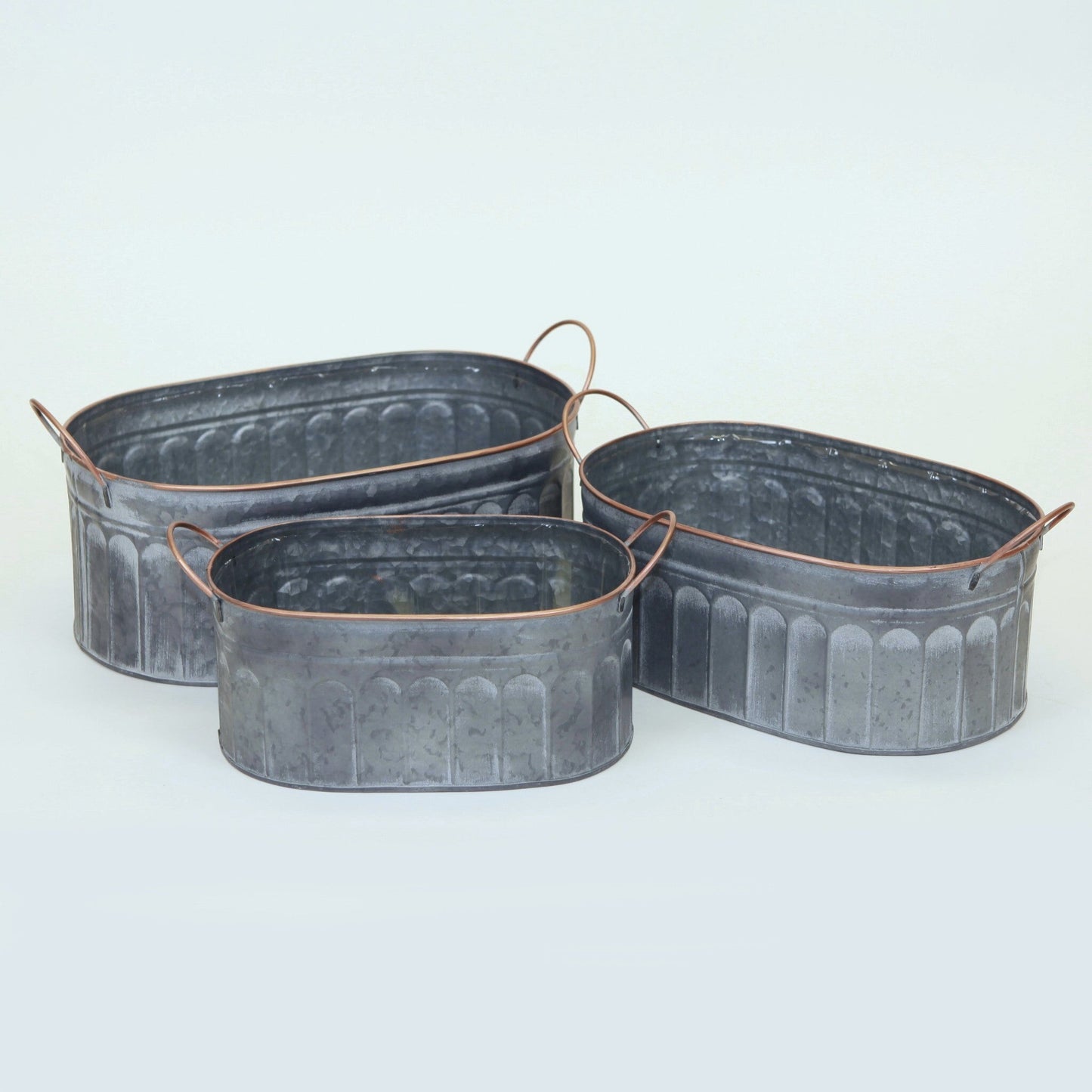 Set Of 3 Antique Look Oval Metal Planters