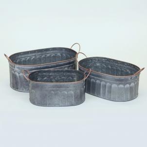 Set Of 3 Antique Look Oval Metal Planters