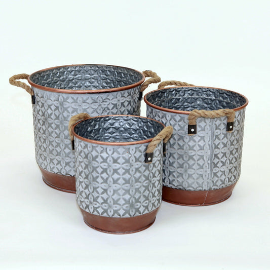 Set Of 3 Jute Handles On Silver With Copper Colored Base Metal Planters