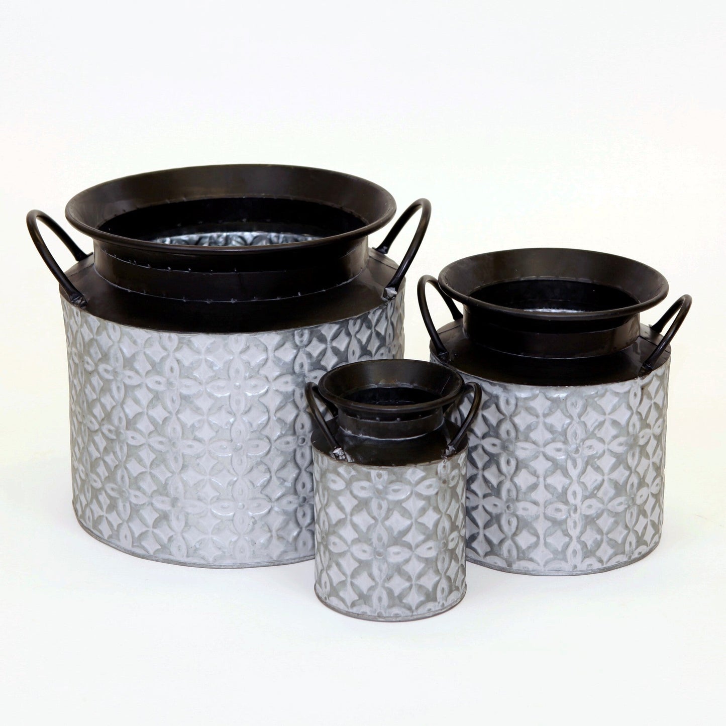 Set Of 3 Silver Pattern With Black Rims And Handles Planters