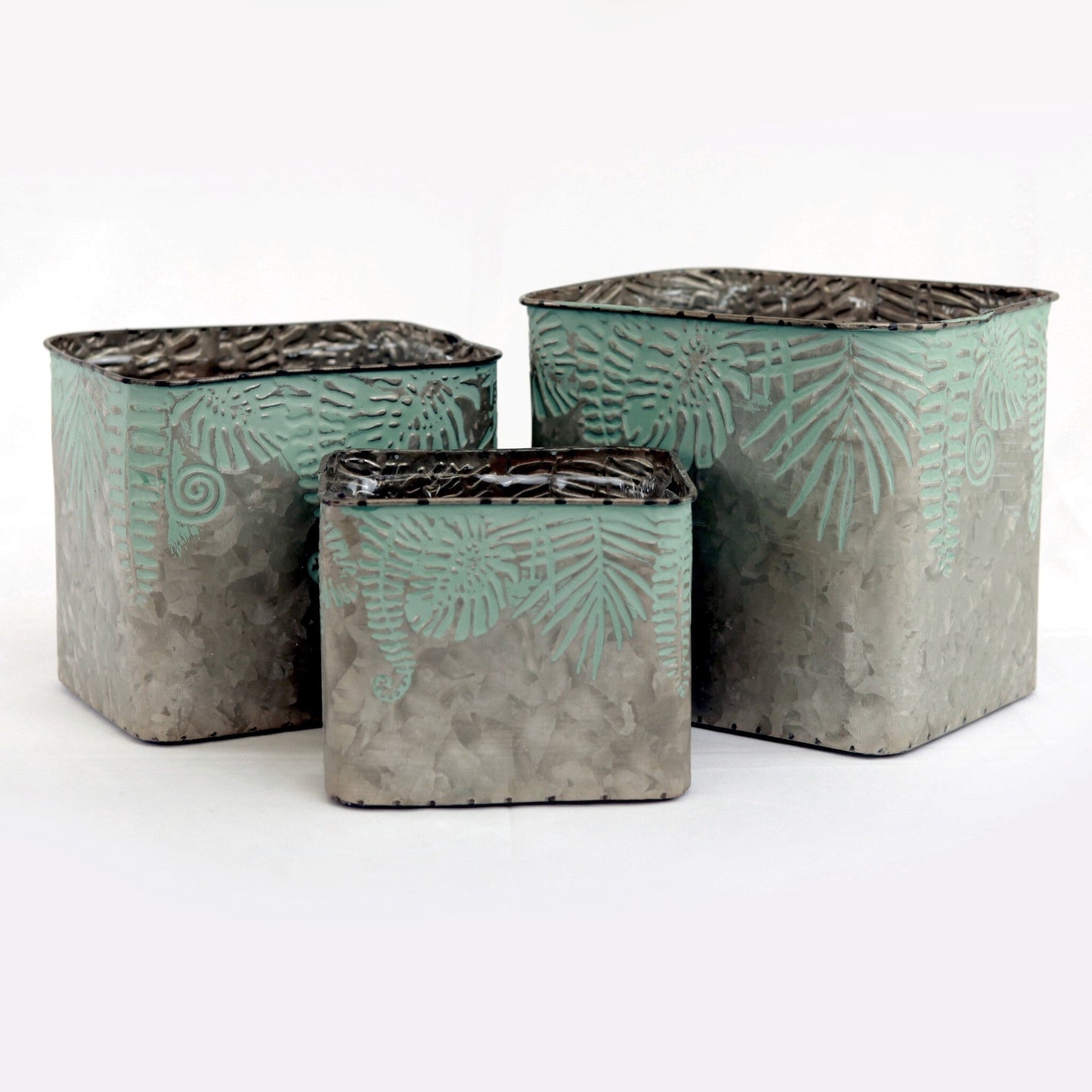 Set Of 3 Antiqued Copper Look With Green Leaf Pattern Planters