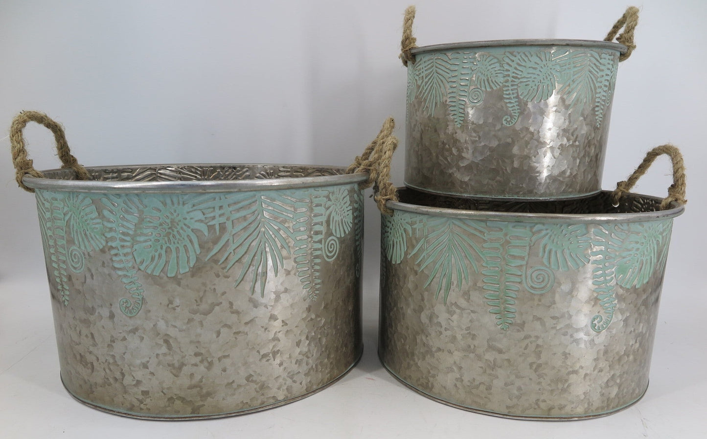 Set Of 3 Antiqued Copper Look With Green Leaf Pattern Round Planters