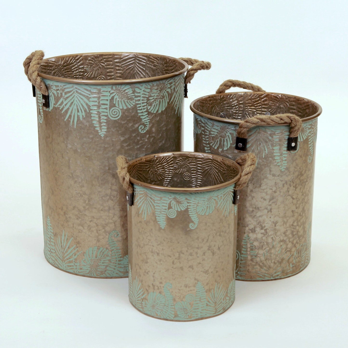 Set Of 3 Rope Handled Round Copper Look With Green Leaf Pattern Planters