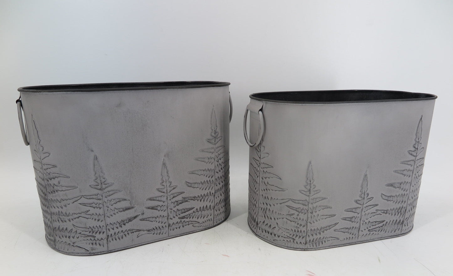 Set Of 2 Oval Black Wash With Tree Pattern Planters