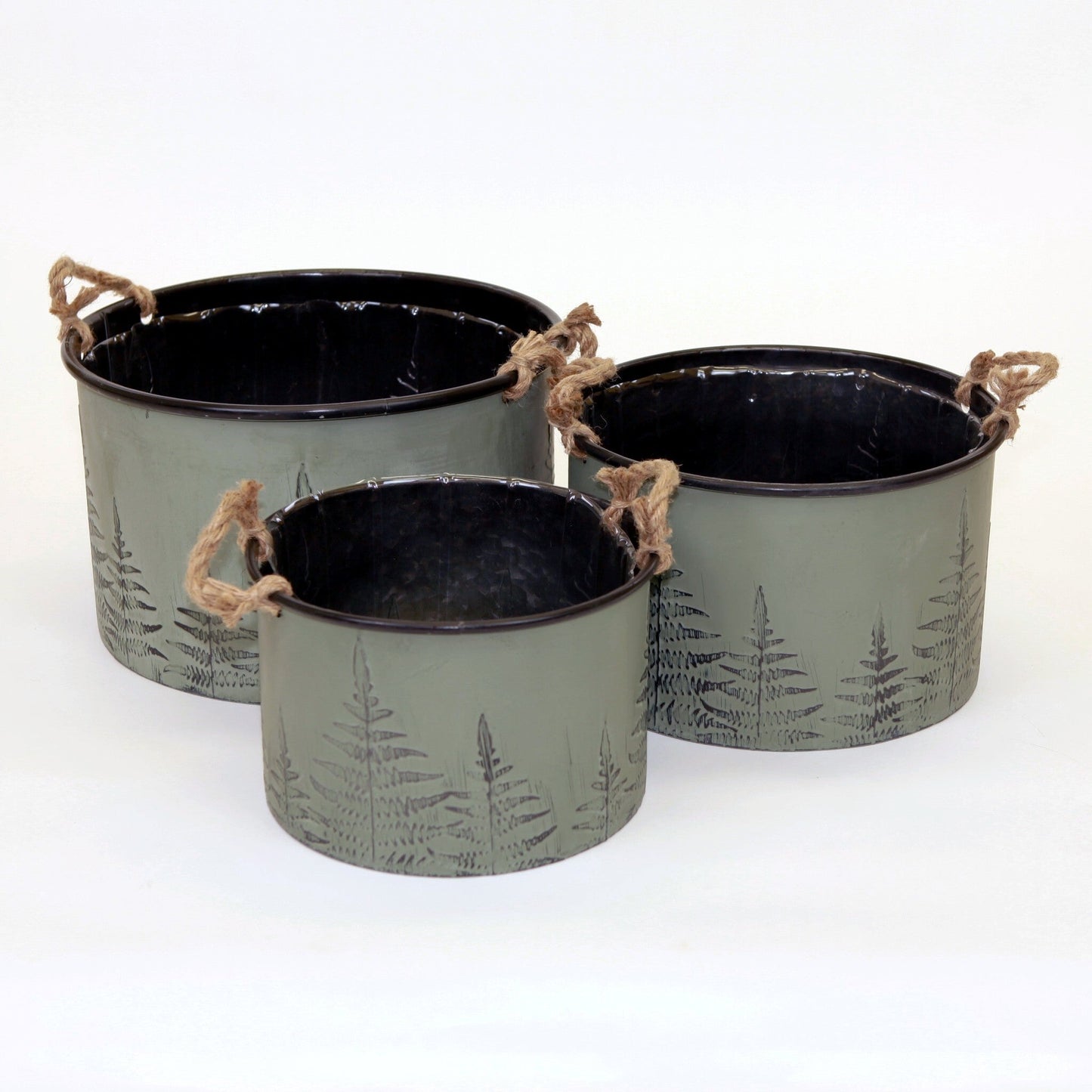 Set Of 3 Black And Green With Tree Pattern Round Planters