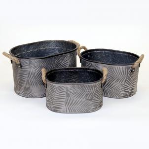 Set Of 3 Black Washed Metal With Leaf Fronds Pattern Planters