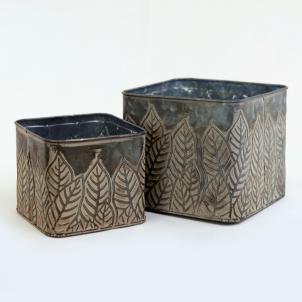 Set Of 2 Square Blackwash With Gold Leaves Planters