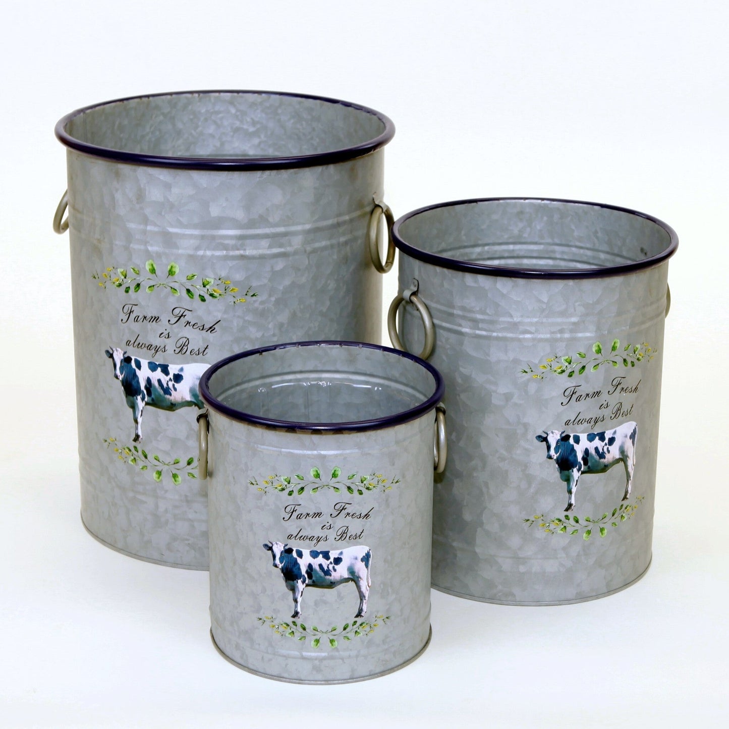 Set Of 3 Round Handled With Cow And Text Planters