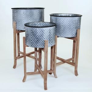 Set Of 3 Round Metal Pots On Wooden Legs Plant Stand