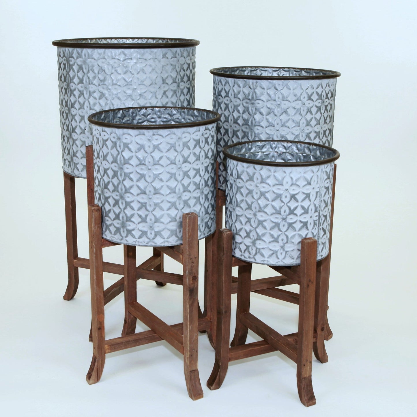 Set Of 4 Round Metal Barrels On Wood Legs Plant Stand