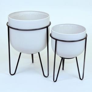 Set Of 2 White Metal Pots With Black Legs Plant Stand