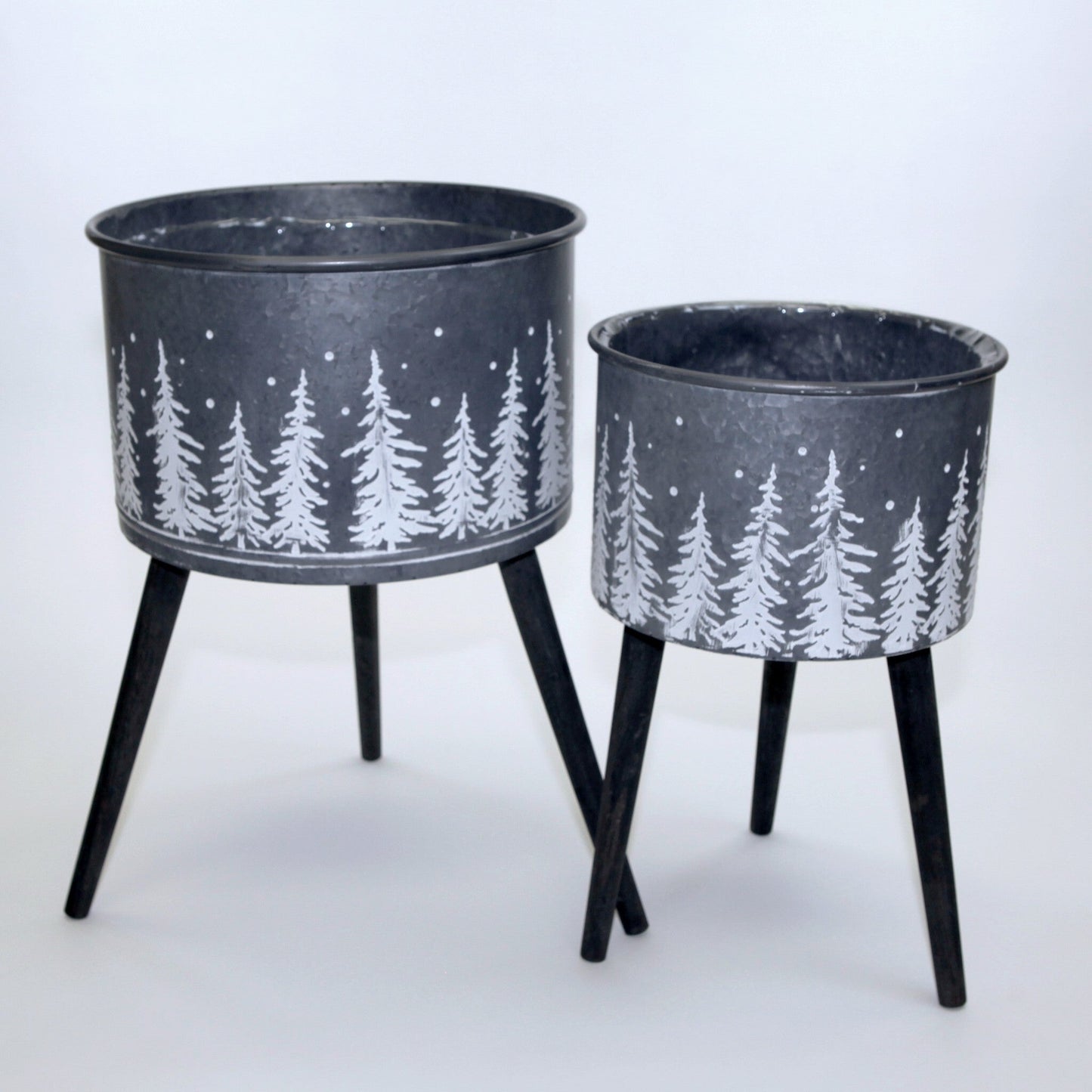 Set Of 2 Silver Pots With White Trees On Metal Legs Plant Stand