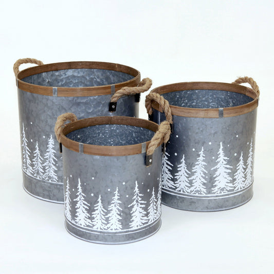 Set Of 3 Rope Handled Round With White Trees Planters