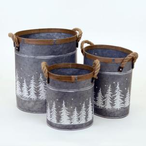 Set Of 3 Silver With White Trees And Rope Handles Planters