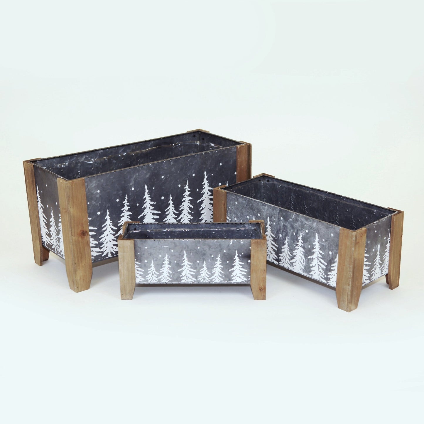 Set Of 3 Trough Style With White Trees On Wooden Legs Planters