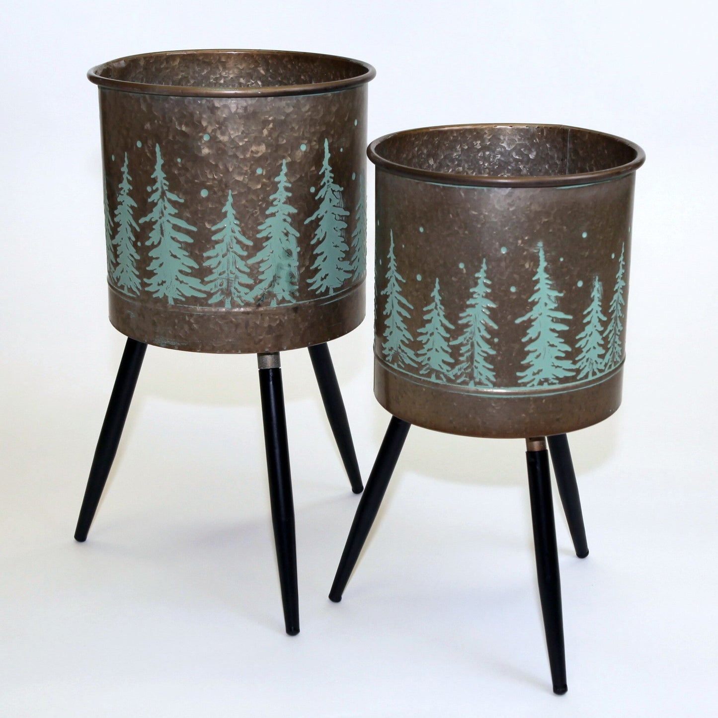 Set Of 2 Bronze Colored Metal With Green Trees Plant Stand