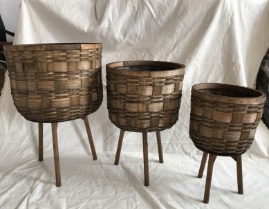 Set Of 3 Dark Brown Baskets On Wooden Legs Plant Stand