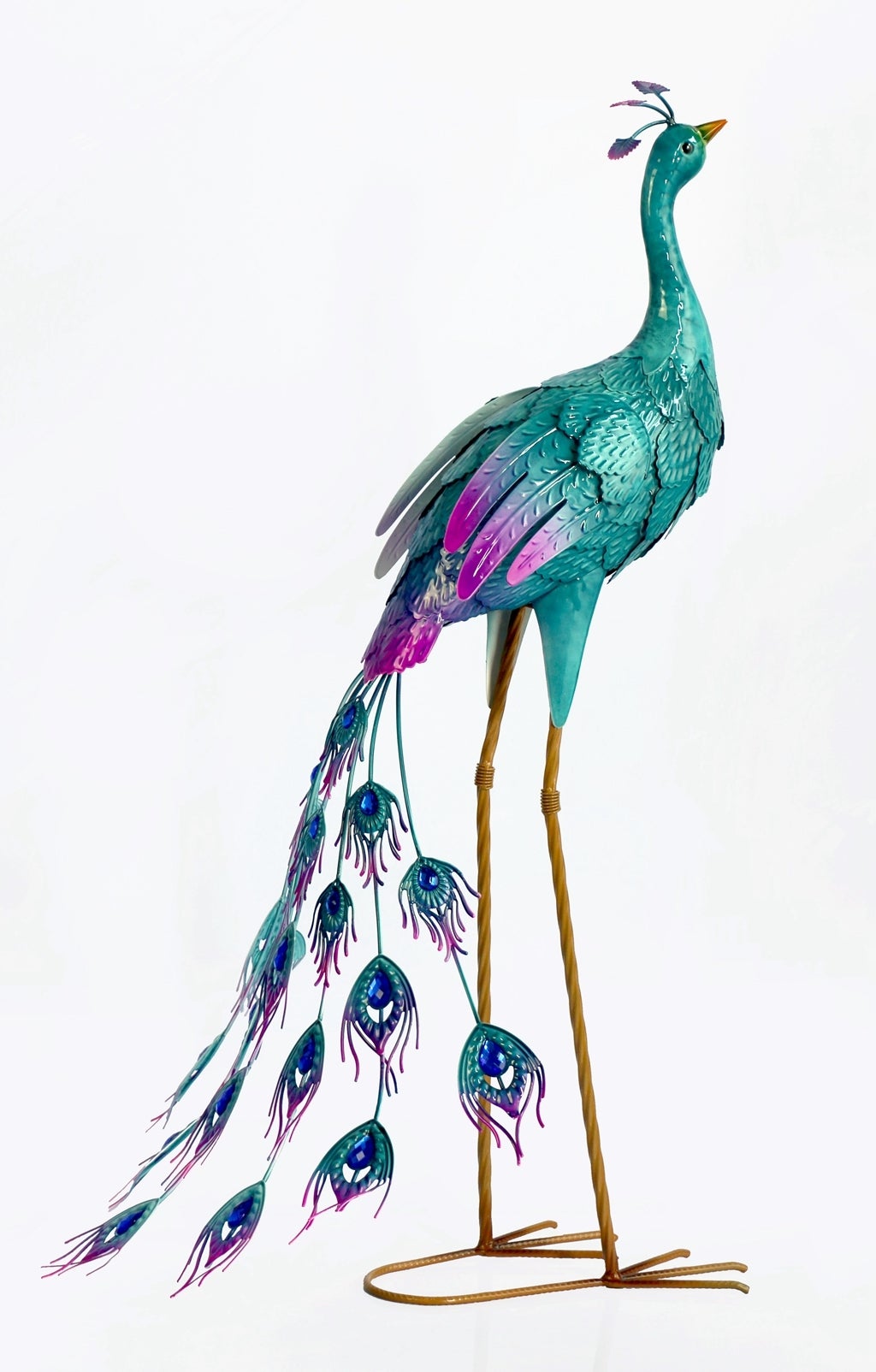 Teal & Purple Peacock With Tail Feathers Down Metal Garden Sculpture