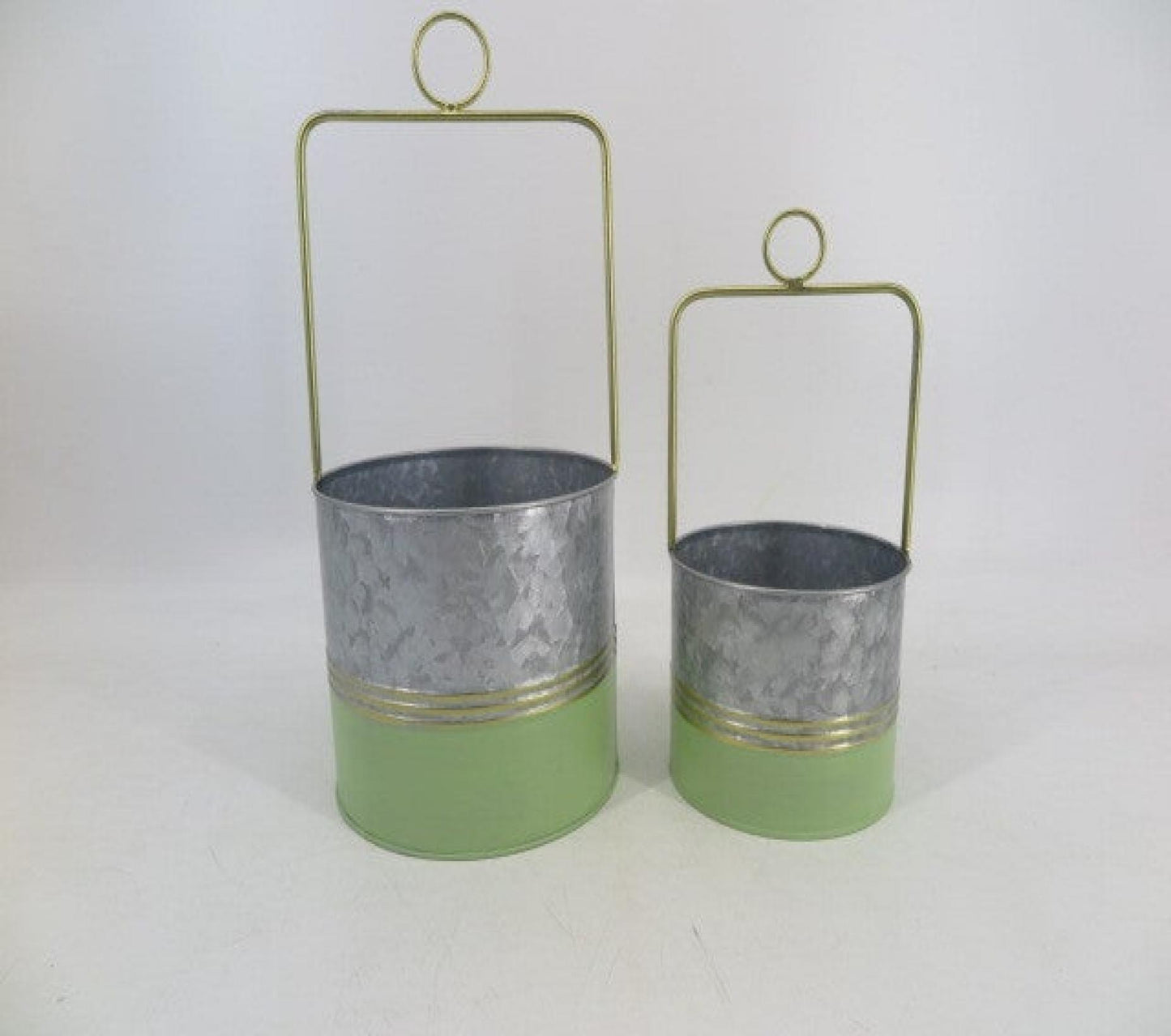 Set Of 2 Silver And Green Buckets Hanging Planters