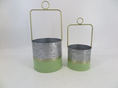 Set Of 2 Silver And Green Buckets Hanging Planters