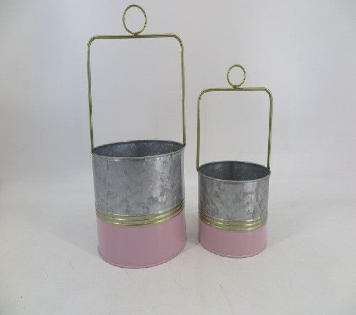 Set Of 2 Silver And Pink Buckets With Gold Band Hanging Planters