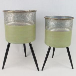 Set Of 2 Silver And Green Metal Buckets On Wooden Legs Plant Stand