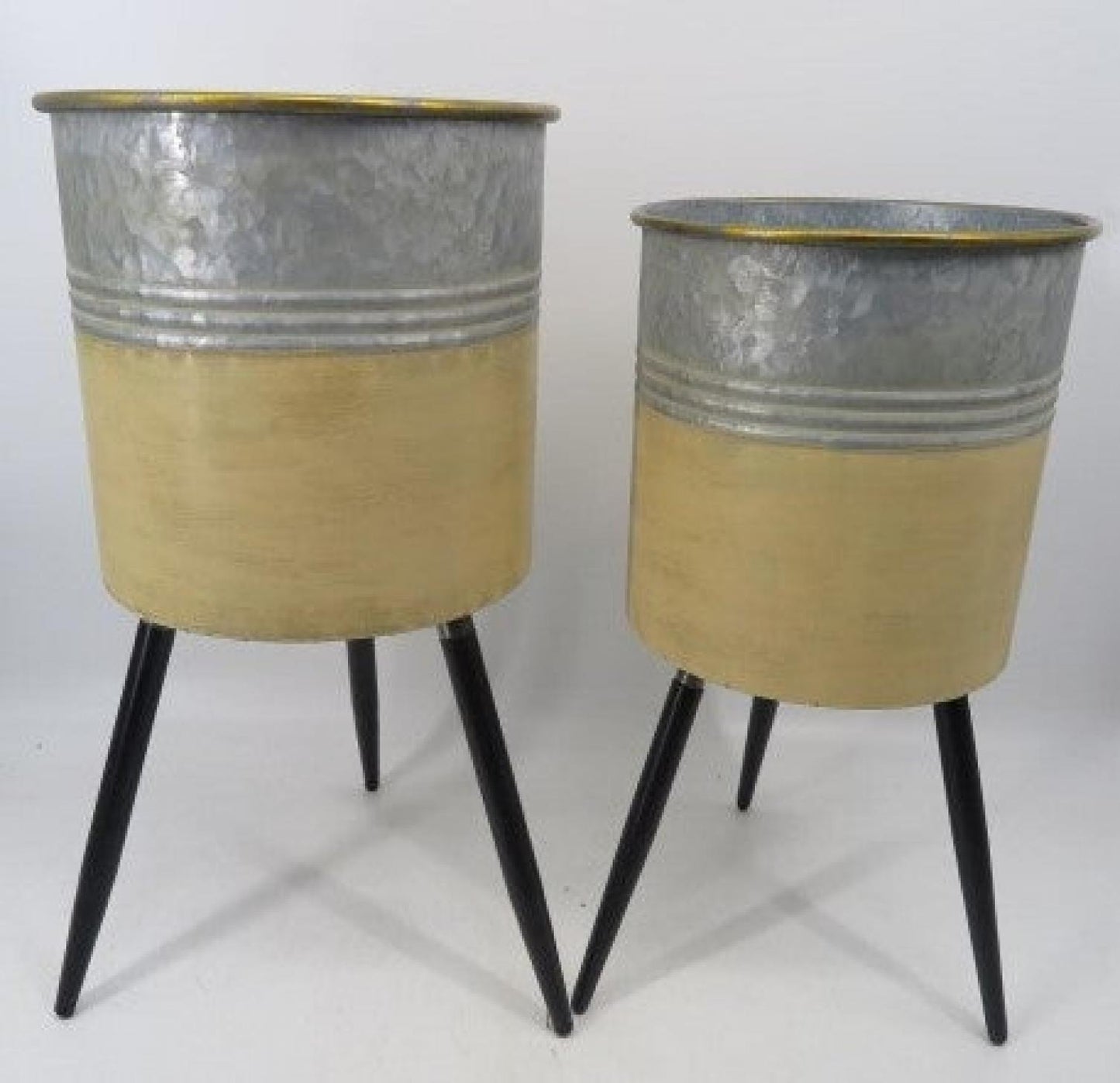 Set Of 2 Silver And Yellow Metal Buckets On Wooden Legs Plant Stand