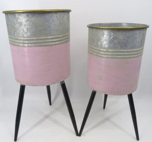 Set Of 2 Silver And Pink Metal Buckets On Wooden Legs Plant Stand