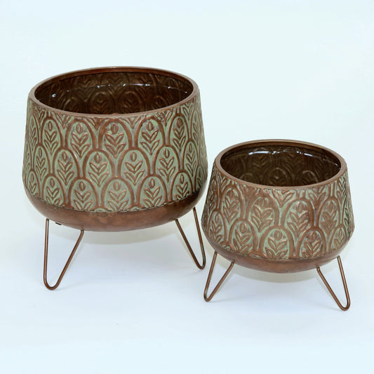 Set Of 2 Aged Copper Look Finish With Leaf Pattern Metal Plant Stand