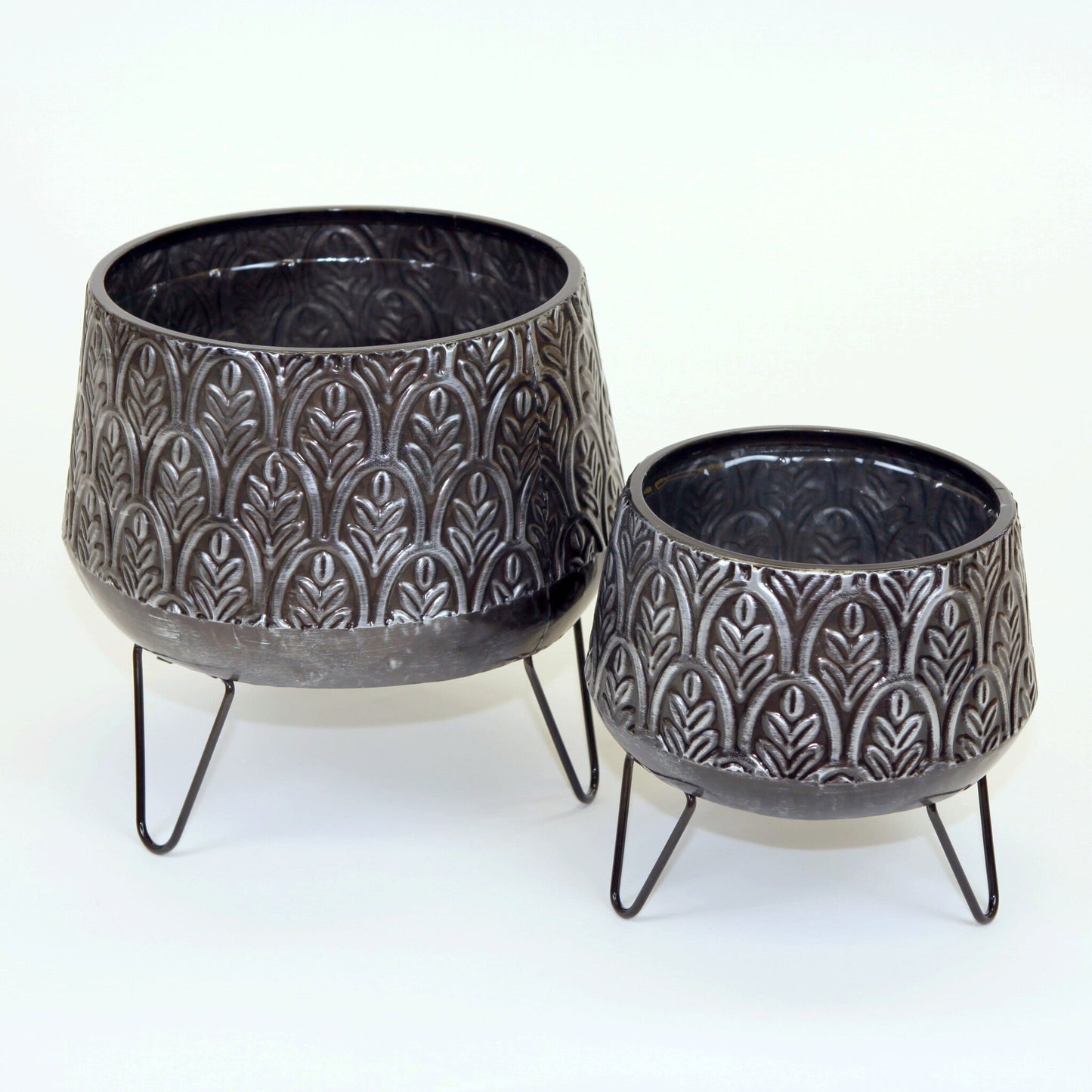 Set Of 2 Black With Silver Leaf Pattern Metal Plant Stand