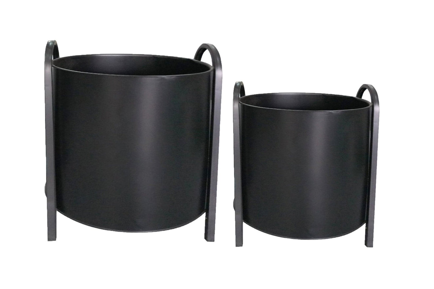 Set Of 2 Round Matte Black With Metal Handle & Legs Planters