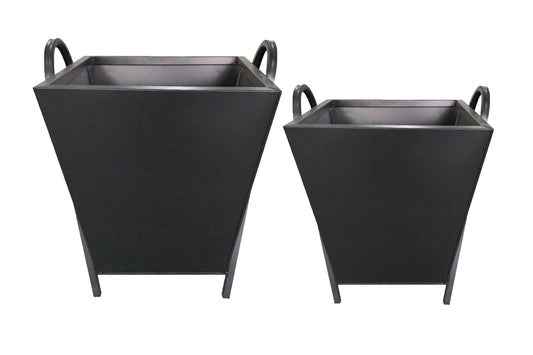 Set Of 2 Tapered Matte Black With Metal Handle & Legs Planters