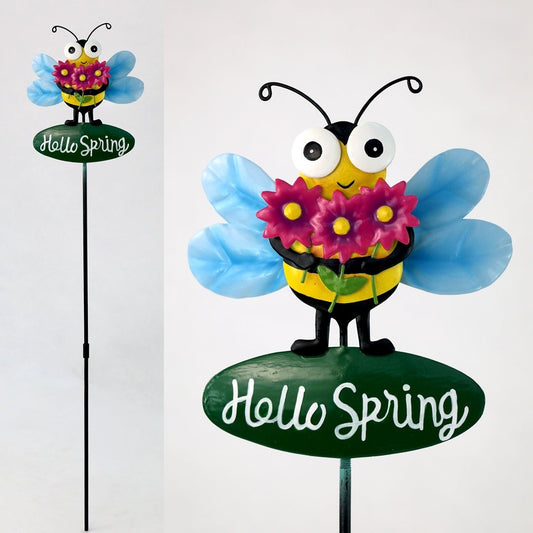 Hello Spring Bee With Flowers Metal Stake