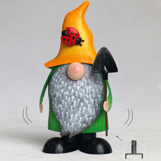 Bouncy Metal Garden Gnome Holding A Spade Figurine