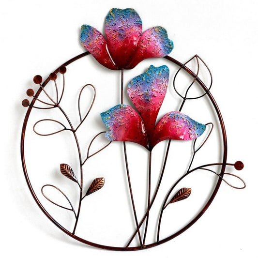 Pink And Blue Flowers In A Round Metal Frame Wall Decor