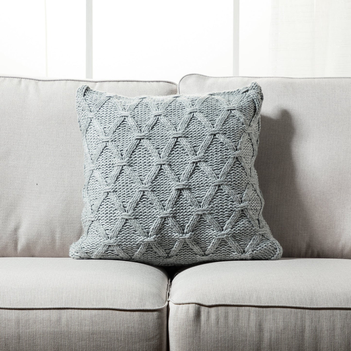 Gray Diamond Pattern Knit With Feather Down Insert Pillow