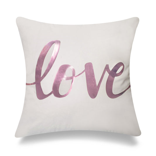 Cursive Love In Rose Pink Foil On White With Feather Down Insert Pillow