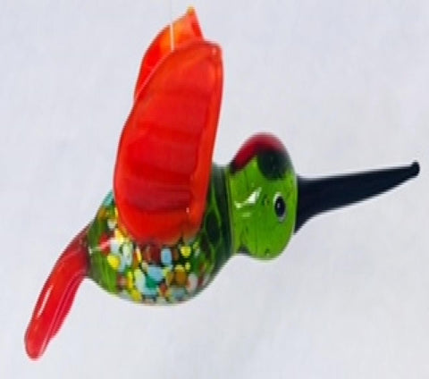 Green With Red Wings Hanging Glass Hummingbird Ornament