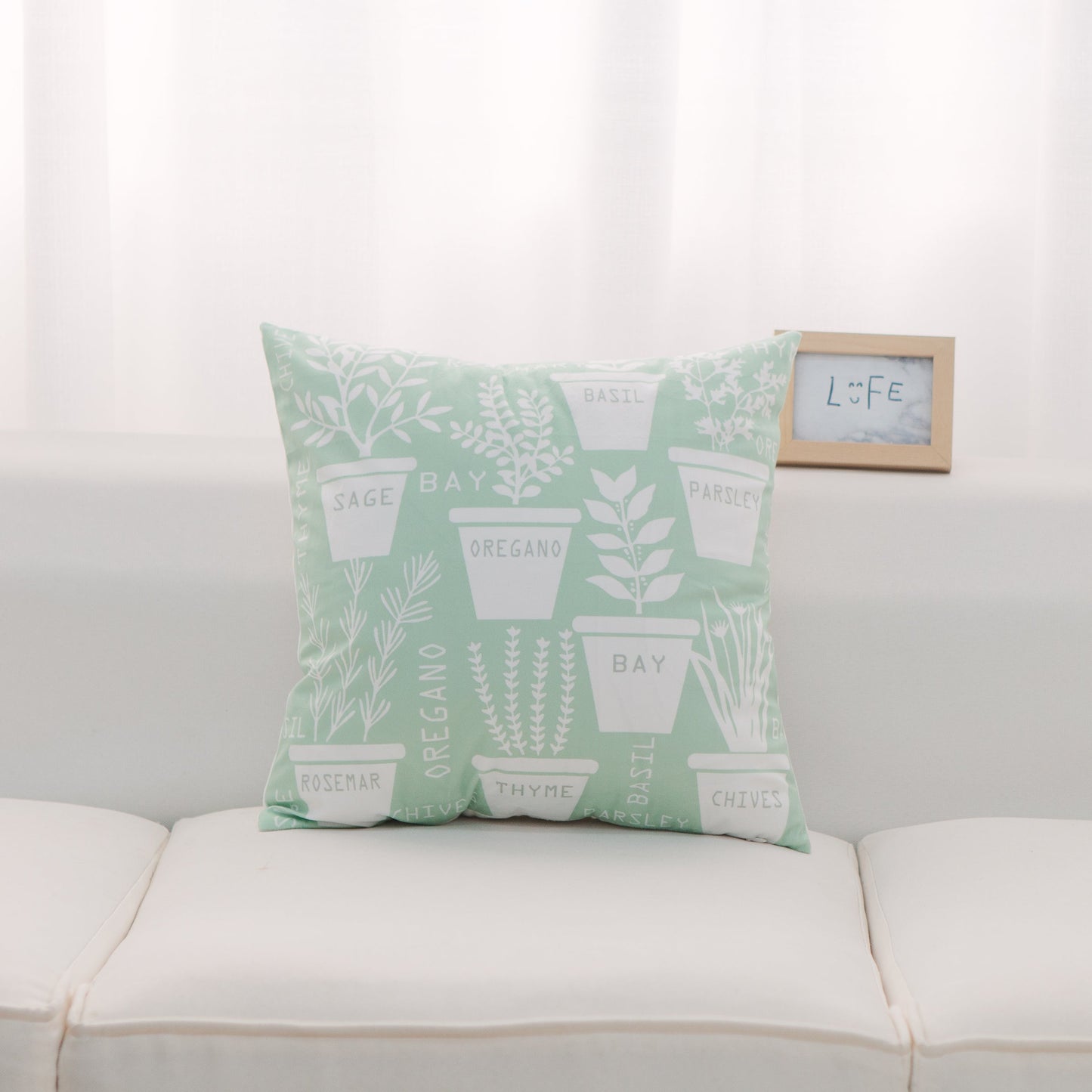 Light Green With White Herb Pots And Polyester Insert Pillow