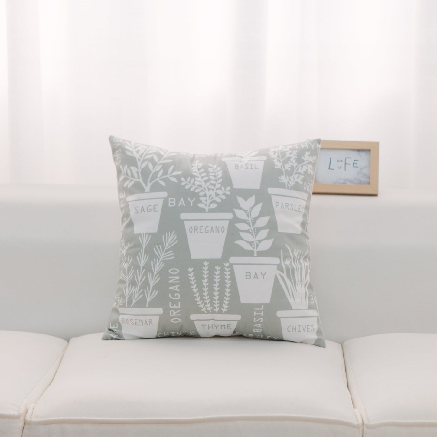 Light Gray With White Herb Pots And Polyester Insert Pillow