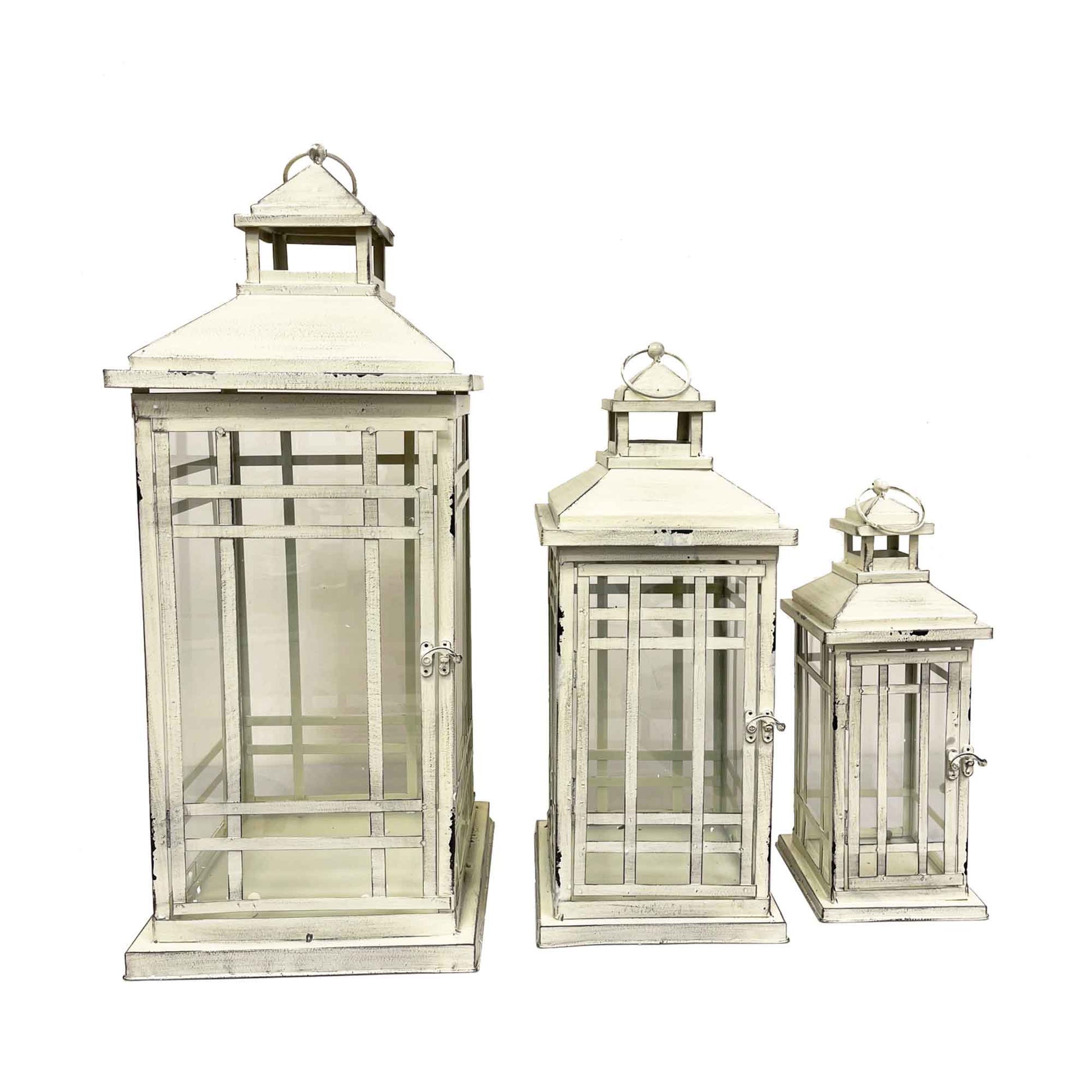 Set Of 3 Distressed White With Handles Lanterns