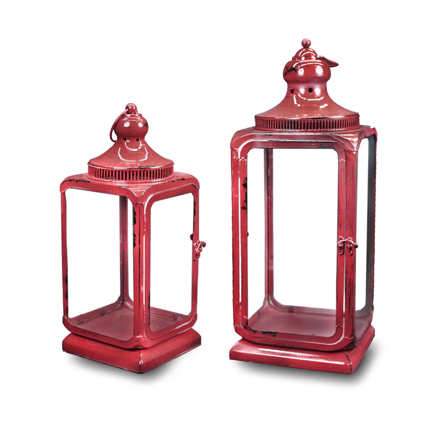 Set Of 2 Rustic Red With Handles Lanterns
